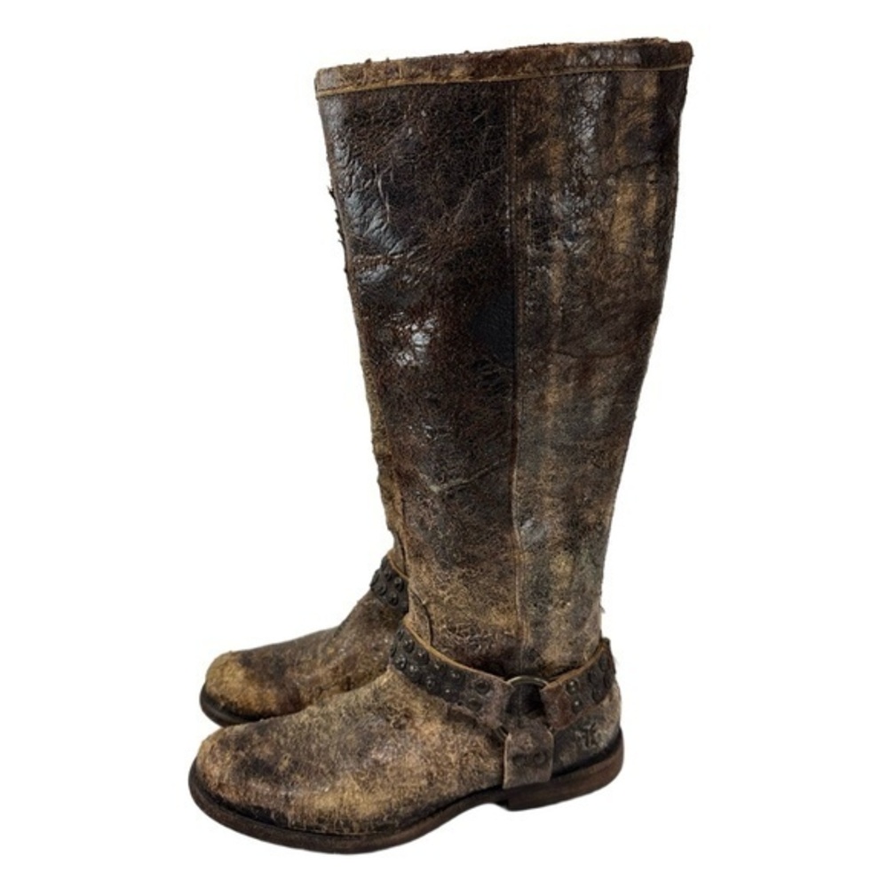Frye Phillip Womens 6.5B Distressed Brown Leather Tall Boots Studded 76507